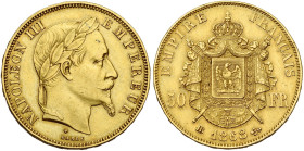 FRANCE, Napoléon III (1852-1870), AV 50 francs, 1868 BB, Strasbourg. Seulement 1795 p. frappées. Gad. 1112; Fr. 583. Rare. Nettoyé.

Très Beau / Ver...