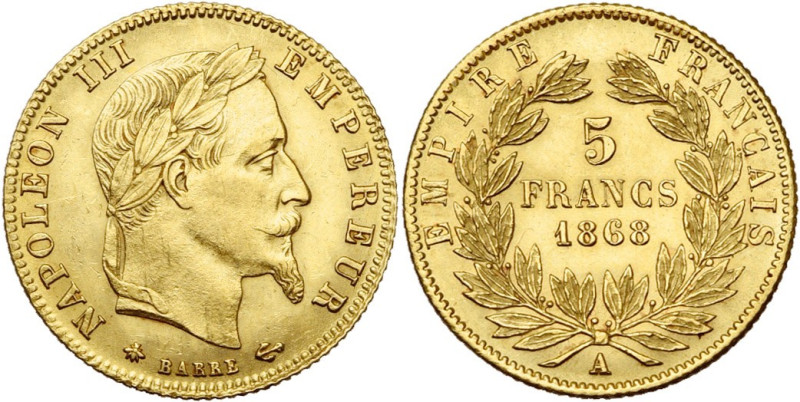 FRANCE, Napoléon III (1852-1870), AV 5 francs, 1868 A, Paris. Gad. 1002. Nettoyé...
