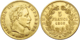 FRANCE, Napoléon III (1852-1870), AV 5 francs, 1868 A, Paris. Gad. 1002. Nettoyé.

Très Beau à Superbe / Very Fine - Extremely Fine