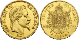FRANCE, Napoléon III (1852-1870), AV 100 francs, 1869 A, Paris. Gad. 1136; Fr. 580. Coup sur la tranche.

Très Beau à Superbe / Very Fine - Extremel...