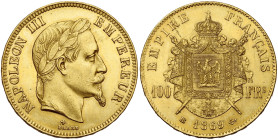 FRANCE, Napoléon III (1852-1870), AV 100 francs, 1869 BB, Strasbourg. Gad. 1136; Fr. 581. Légèrement nettoyé.

presque Superbe / about Extremely Fin...