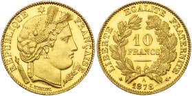 FRANCE, Troisième République (1871-1940), AV 10 francs, 1878 A, Paris. Type Cérès. Tranche cannelée. Gad. 1016; Fr. 593. De la plus haute rareté. Fine...