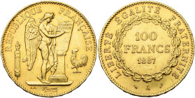 FRANCE, Troisième République (1871-1940), AV 100 francs, 1887 A, Paris. Seulement 234 p. frappées. Gad. 1137; Fr. 590. Très rare. Nettoyé. Fines griff...
