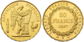 FRANCE, Troisième République (1871-1940), AV 50 francs, 1887 A, Paris. Seulement 301 p. frappées. Gad. 1113; Fr. 591. Très rare. Petits coups. Exempla...