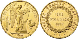 FRANCE, Troisième République (1871-1940), AV 100 francs, 1889 A, Paris. Gad. 1137; Mazard 1776; Fr. 590. Extrêmement rare. Seulement 100 p. frappées à...