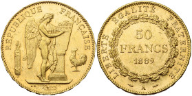 FRANCE, Troisième République (1871-1940), AV 50 francs, 1889 A, Paris. Gad. 1113; Mazard 1797; Fr. 591. Extrêmement rare. Seulement 100 p. frappées à ...
