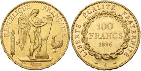 FRANCE, Troisième République (1871-1940), AV 100 francs, 1896 A, Paris. Seulement 400 p. frappées. Gad. 1137; Fr. 590. Très rare. Petits coups. Bel ex...
