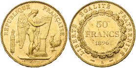 FRANCE, Troisième République (1871-1940), AV 50 francs, 1896 A, Paris. Seulement 800 p. frappées. Gad. 1113; Fr. 591. Très rare. Fines griffes et peti...