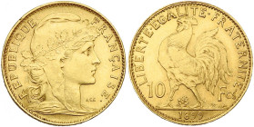 FRANCE, Troisième République (1871-1940), AV 10 francs, 1899. Type Marianne. Piéfort en or. Tranche lisse avec poinçon ESSAI. Mazard 2117a. 6,44 g. Tr...