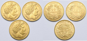 FRANCE, Troisième République (1871-1940), lot de 3 p. de 10 francs, type Cérès: 1895, 1896 et 1899 A, Paris. Gad. 1016.

Très Beau / Very Fine