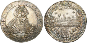 ALLEMAGNE, EISLEBEN, Ville, AR 3/4 Taler, 1661. Centenaire de la Convention de Naumburg. D/ B. de Martin Luther de f. R/ Vue de la ville, au-dessus de...