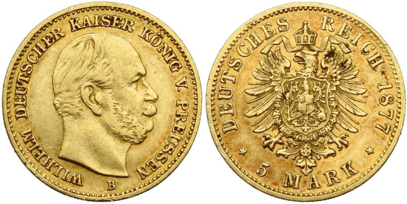 ALLEMAGNE, PRUSSE, Wilhelm Ier (1861-1888), AV 5 Mark, 1877 B. J. 244; A.K.S. 11...