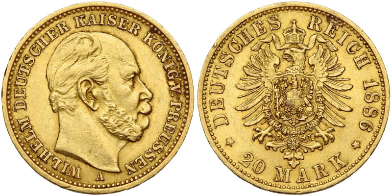 ALLEMAGNE, PRUSSE, Wilhelm Ier (1861-1888), AV 20 Mark, 1886 A. J. 246; A.K.S. 1...