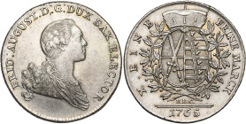ALLEMAGNE, SAXE, Friedrich August III (1763-1806), AR Taler, 1765 EDC, Dresde. D/ T. à d. R/ Ecu ovale couronné, entre deux rameaux de laurier. Schnee...