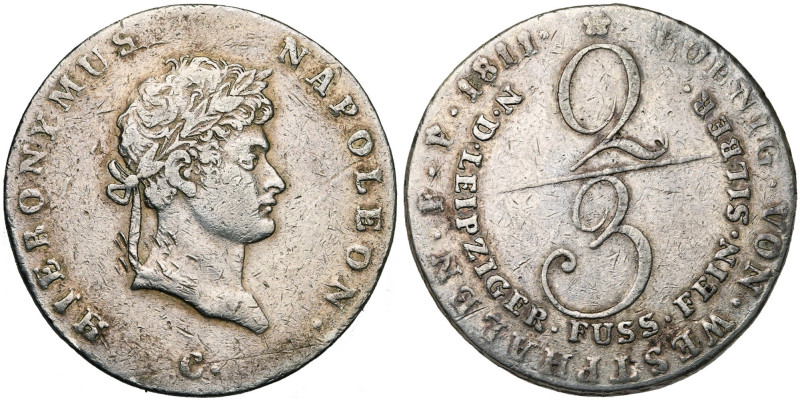 ALLEMAGNE, WESTPHALIE, Jérôme Napoléon (1807-1813), AR 2/3 Taler, 1811 C, Cassel...