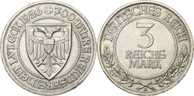 ALLEMAGNE, République de Weimar, (1919-1933), AR 3 Reichsmark, 1926 A. 700e anniversaire de l'Indépendance de Lübeck. J. 323; A.K.S. 74. Légèrement ne...
