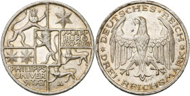 ALLEMAGNE, République de Weimar, (1919-1933), AR 3 Reichsmark, 1927 A. 400e anniversaire de l'université de Marburg. J. 330; A.K.S. 78. Fines griffes ...