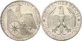 ALLEMAGNE, République de Weimar, (1919-1933), AR 3 Reichsmark, 1929 A. Réunion de Waldeck et de la Prusse. J. 337; A.K.S. 83. Petits coups sur la tran...