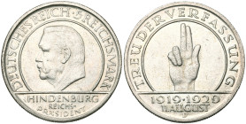 ALLEMAGNE, République de Weimar, (1919-1933), AR 3 Reichsmark, 1929 D. 10e anniversaire de la Constitution. J. 340; A.K.S. 65. Petits coups.

Superb...