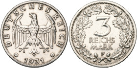 ALLEMAGNE, République de Weimar, (1919-1933), AR 3 Reichsmark, 1931 F. J. 349; A.K.S. 31. Nettoyé.

Très Beau à Superbe / Very Fine - Extremely Fine...