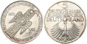 ALLEMAGNE, République fédérale, (1949-), AR 5 Mark, 1952 D. Germanisches Museum. J. 388; A.K.S. 210. Rare. Taches au revers. Petits coups sur la tranc...