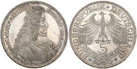 ALLEMAGNE, République fédérale, (1949-), AR 5 Mark, 1955 G. Tricentenaire de la naissance de Ludwig von Baden. J. 390; A.K.S. 212. Rare. Fines griffes...