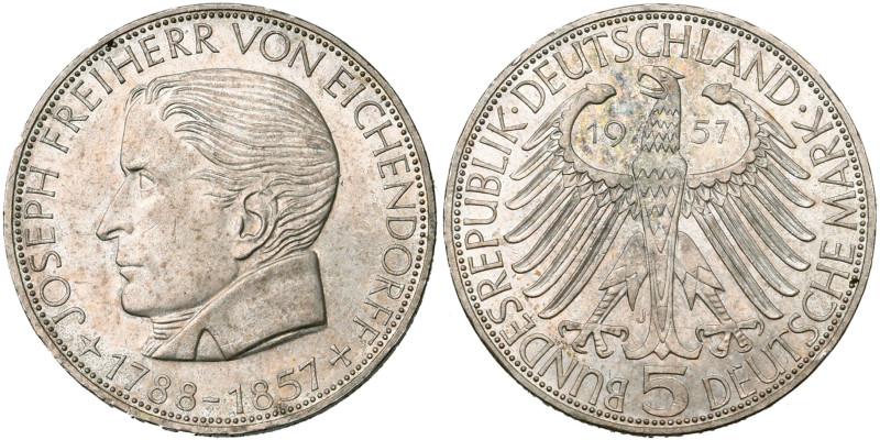 ALLEMAGNE, République fédérale, (1949-), AR 5 Mark, 1957 J. Centenaire de la mor...