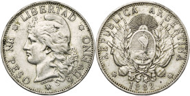 ARGENTINE, AR peso, 1882. K.M. 29. Petites taches.

Très Beau / Very Fine