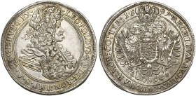 SAINT EMPIRE, Léopold Ier (1657-1705), AR Taler, 1697 KB, Kremnitz. Type hongrois. D/ B. l., dr. et cuir. à d. R/ Aigle impériale couronnée, l'écu de ...
