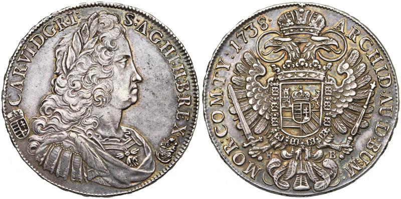 SAINT EMPIRE, Charles VI (1711-1740), AR Taler, 1738 KB, Kremnitz. D/ B. l., dr....