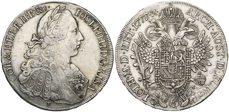 SAINT EMPIRE, Joseph II (1765-1790), AR Taler, 1777 F, Hall. D/ B. l., dr. et cu...