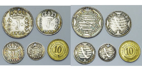 BRESIL, José Ier (1750-1777), lot de 4 p.: 75 reis 1754 (troué), 150 reis 1754, 300 reis 1757, 600 reis 1771 (troué). Vendu avec un jeton de 10 cents,...