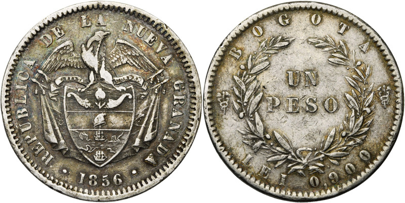 COLOMBIE, République de la Nueva Granada (1837-1859), AR 1 peso, 1856, Bogota. K...