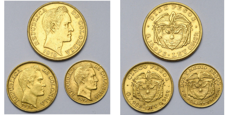 COLOMBIE, République (1819-), AV série de 3 p. en or: 10 pesos 1919 (15,98 g), 5...