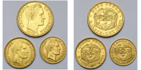 COLOMBIE, République (1819-), AV série de 3 p. en or: 10 pesos 1919 (15,98 g), 5 pesos 1924 (7,98 g), 2 1/2 pesos 1919 (3,92 g). Titre 0,916. Fr. 112,...