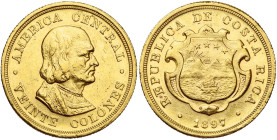COSTA RICA, République (1848-), AV 20 colones, 1897. Fr. 19. 15,56 g. Titre 0,900. Nettoyé. Petits coups.

Très Beau / Very Fine