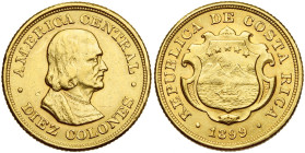 COSTA RICA, République (1848-), AV 10 colones, 1899. Fr. 20. 7,77 g. Titre 0,900. Nettoyé.

Très Beau / Very Fine