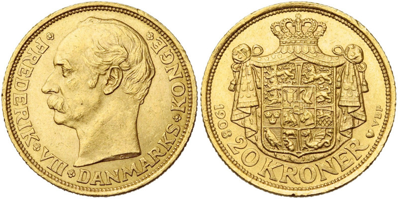 DANEMARK, Frédéric VIII (1906-1912), AV 20 kroner, 1908. Hede 1; Fr. 297. Petits...