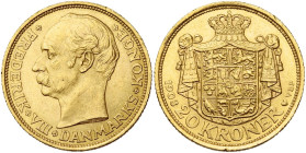DANEMARK, Frédéric VIII (1906-1912), AV 20 kroner, 1908. Hede 1; Fr. 297. Petits coups.

Très Beau à Superbe / Very Fine - Extremely Fine