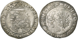 ESPAGNE, Royaume, Ferdinand et Isabelle (1474-1504), AR real, à partir de 1497, Burgos. Différent: étoile au droit et feuille de persil au revers. D/ ...