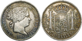 ESPAGNE, Isabelle II (1833-1868), AR 20 reales, 1860, Madrid. A.C. 617.

Très Beau / Very Fine