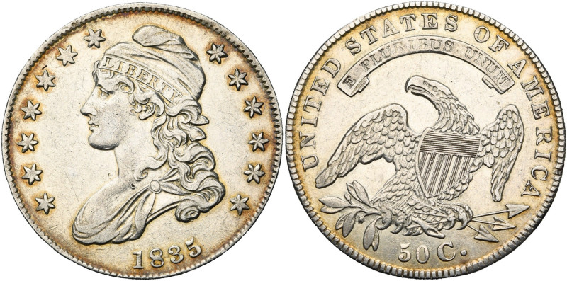 ETATS-UNIS, AR 50 cents, 1835. Capped bust. K.M. 37. Légèrement nettoyé.

Très...