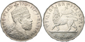 ETHIOPIE, Menelik II (1889-1913), AR 1 birr, EE 1889 A (1897), Paris. K.M. 5. Nettoyé. Fines griffes. Vendu avec 1/8 birr EE 1887.

Très Beau / Very...