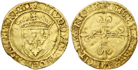FRANCE, Royaume, Louis XII (1498-1515), AV écu d'or au soleil, s.d., ancre, Bayonne. D/ Ecu de France couronné sous un soleil. R/ Croix fleurdelisée p...