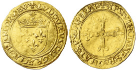 FRANCE, Royaume, Louis XII (1498-1515), AV écu d'or au soleil, s.d., point 11e (10e au droit), Saint-Pourçain. D/ Ecu de France couronné sous un solei...