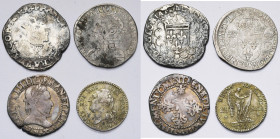 FRANCE, Royaume, lot de 4 p.: François Ier, teston, s.d., Lyon (25e type); Charles IX, teston, 1570, Toulouse; Henri III, demi-franc, 1588, Tours; Con...