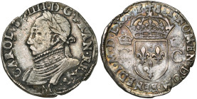 FRANCE, Royaume, Henri III (1574-1589), AR teston, 1575 M, Toulouse. A l'effigie et au titre de Charles IX. D/ B. l. et cuir. à g. R/ Ecu de France co...