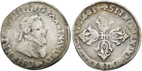 FRANCE, Royaume, Henri IV (1589-1610), AR demi-franc, 1603 D, Lyon. D/ B. l. et cuir. à d. R/ Croix fleuronnée, H en coeur. Dupl. 1212A; Ci. 1534; Laf...