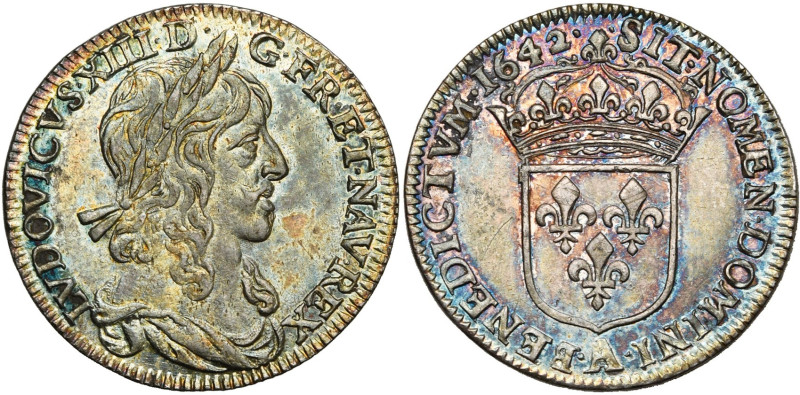 FRANCE, Royaume, Louis XIII (1610-1643), AR quart d'écu, 1642 A, Paris. Premier ...