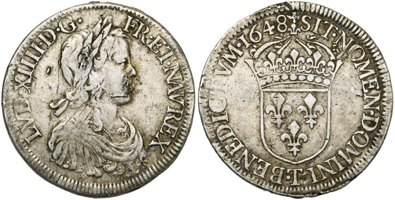 FRANCE, Royaume, Louis XIV (1643-1715), AR écu à la mèche longue, 1648 T, Nantes...